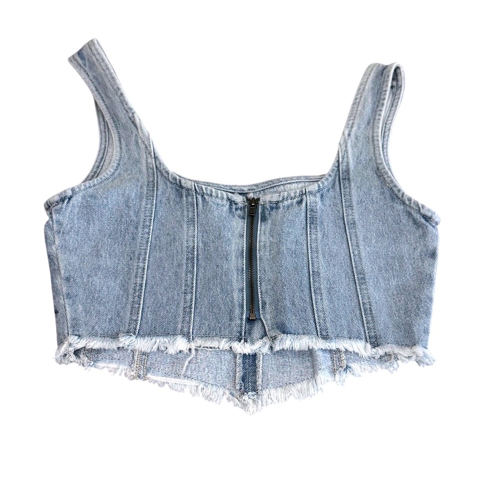 Banjara Denim Corset Crop Top Size S Floral Embroidered Frayed Hem Light Wash - Picture 2 of 9